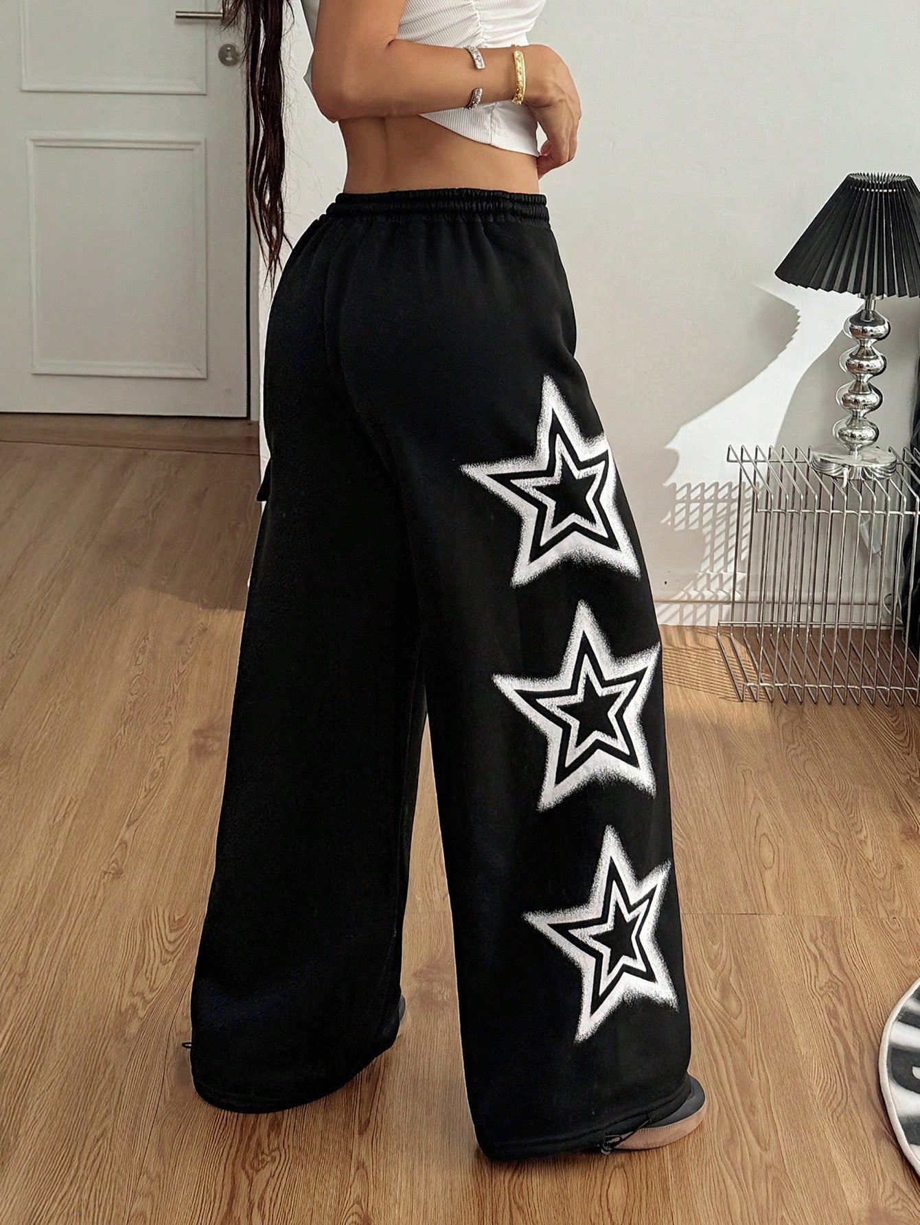 Women’s Star Pattern Fleece-Lined Sweater Pants – Baggy Wide Leg Winter Casual Lounge Trousers