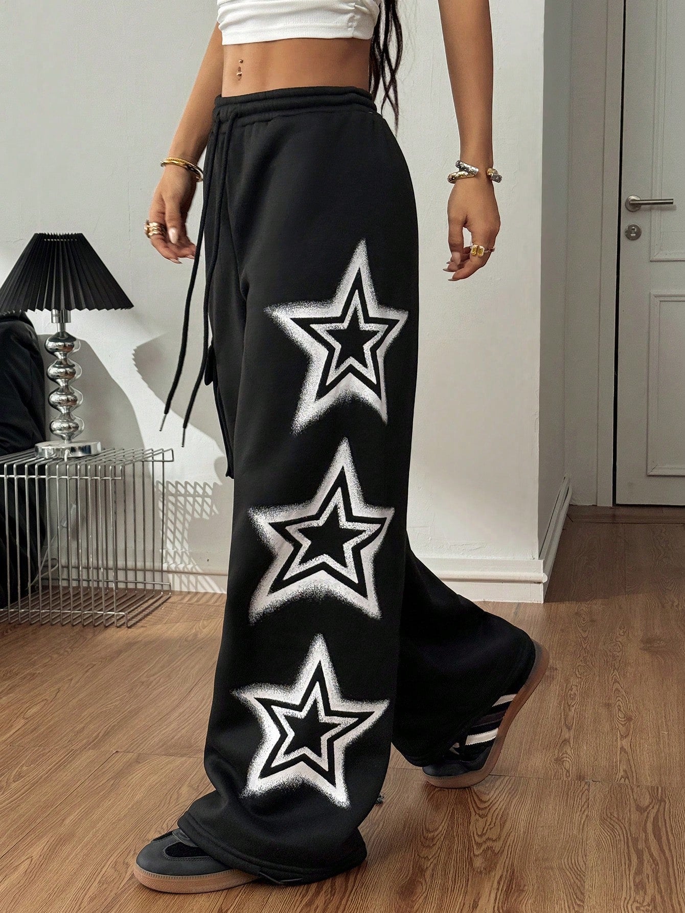Women’s Star Pattern Fleece-Lined Sweater Pants – Baggy Wide Leg Winter Casual Lounge Trousers