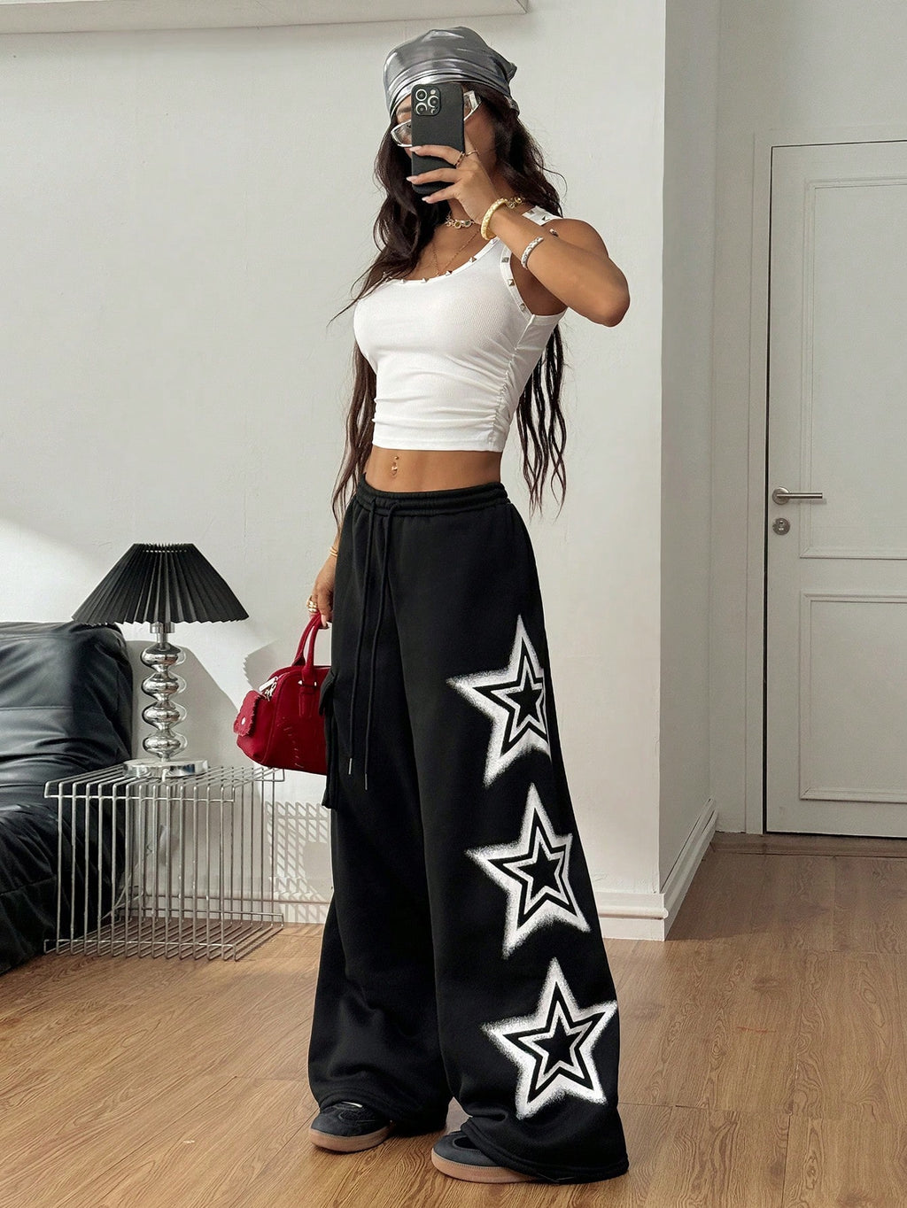 Women’s Star Pattern Fleece-Lined Sweater Pants – Baggy Wide Leg Winter Casual Lounge Trousers