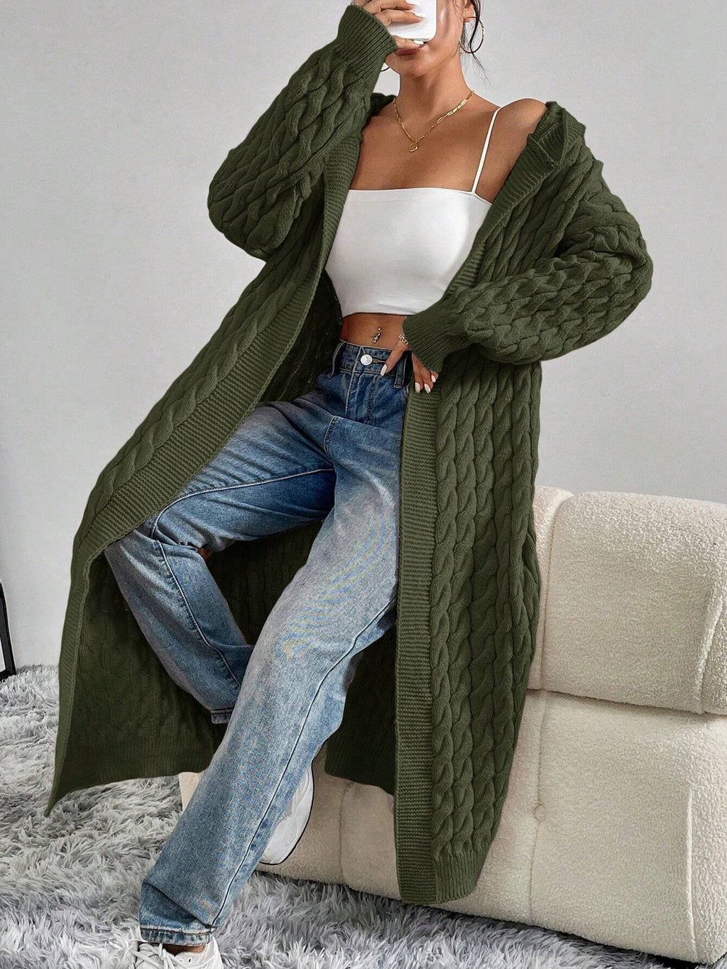 Women’s Cable Knit Cardigan – Solid Color Casual Button-Up Sweater for Autumn
