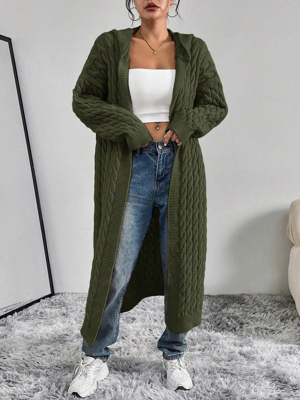 Women’s Cable Knit Cardigan – Solid Color Casual Button-Up Sweater for Autumn