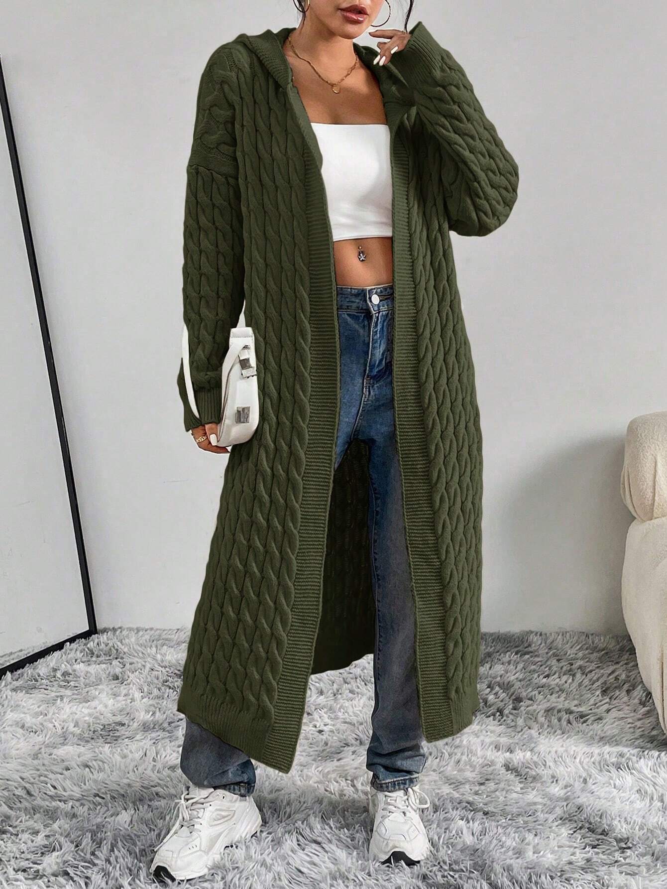 Women’s Cable Knit Cardigan – Solid Color Casual Button-Up Sweater for Autumn