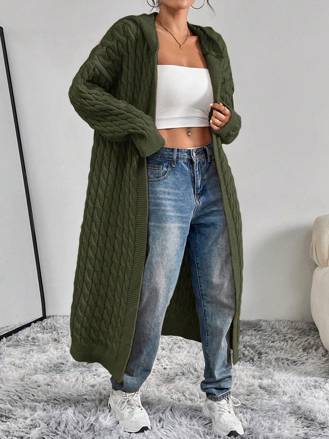 Women’s Cable Knit Cardigan – Solid Color Casual Button-Up Sweater for Autumn