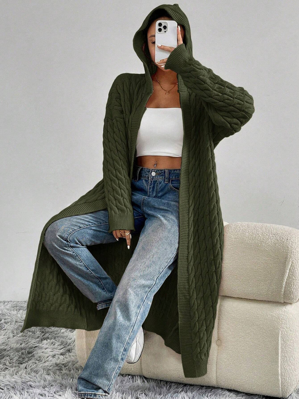 Women’s Cable Knit Cardigan – Solid Color Casual Button-Up Sweater for Autumn