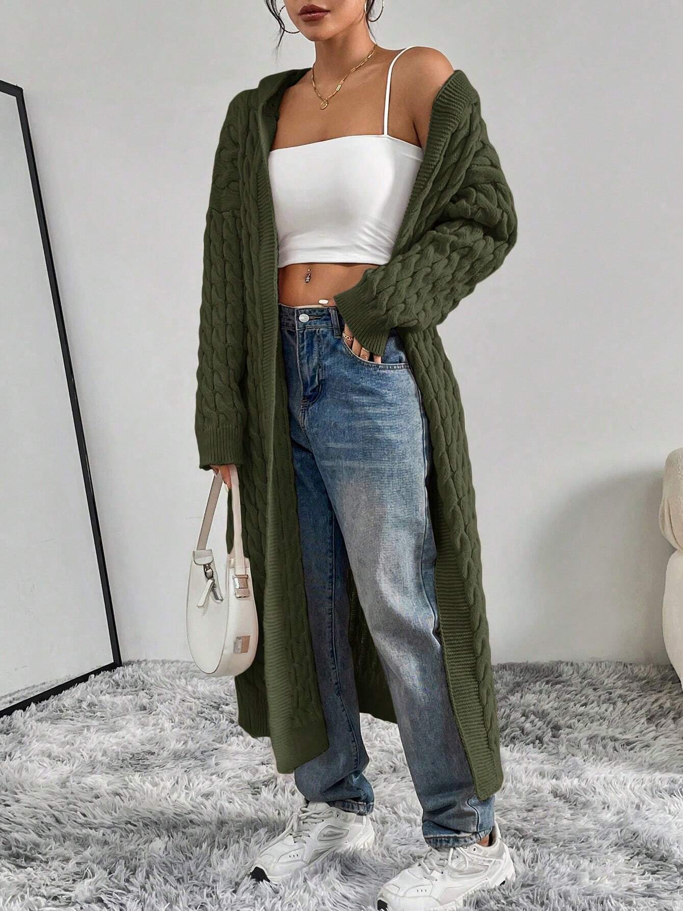 Women’s Cable Knit Cardigan – Solid Color Casual Button-Up Sweater for Autumn