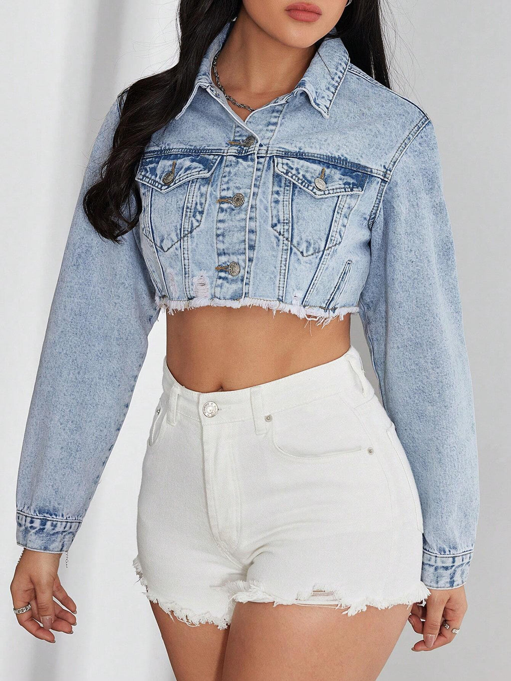Women’s Distressed Denim Jacket – Frayed Hem Cropped Jean Jacket – Casual Streetwear Outerwear