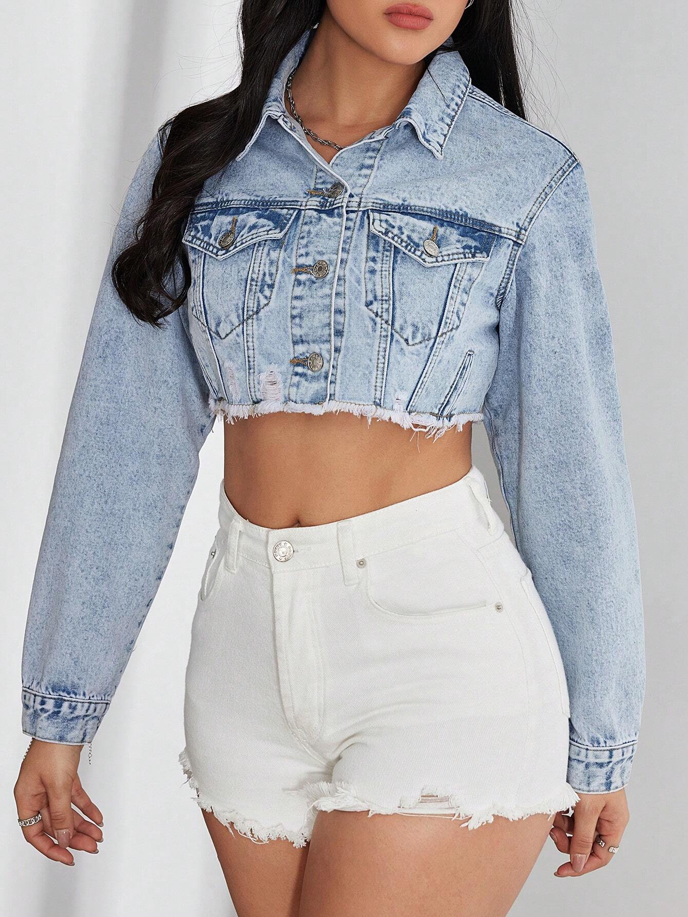 Women’s Distressed Denim Jacket – Frayed Hem Cropped Jean Jacket – Casual Streetwear Outerwear