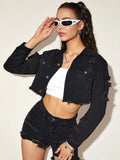 Women’s Frayed Hem Short Denim Jacket – Casual Cropped Distressed Jean Coat
