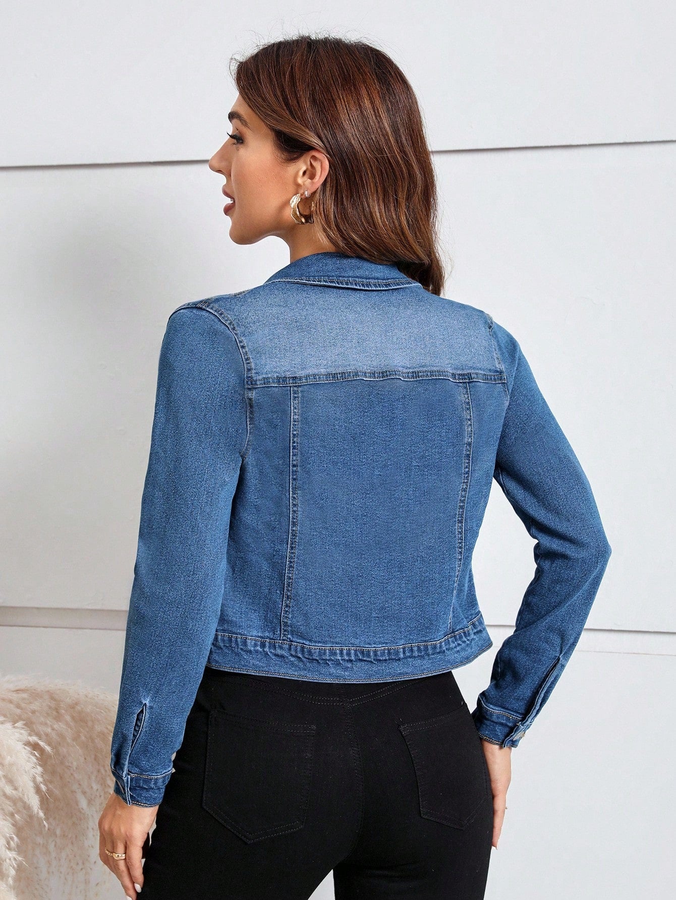 Women’s Long Sleeve Denim Jacket – Front Button Pocket Casual Jean Jacket