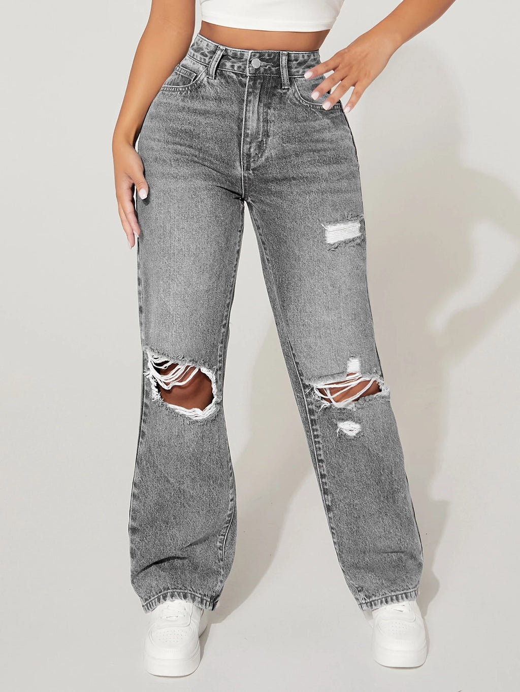 Women’s High Waisted Distressed Straight Leg Jeans – Loose Fit Casual Denim with Pockets