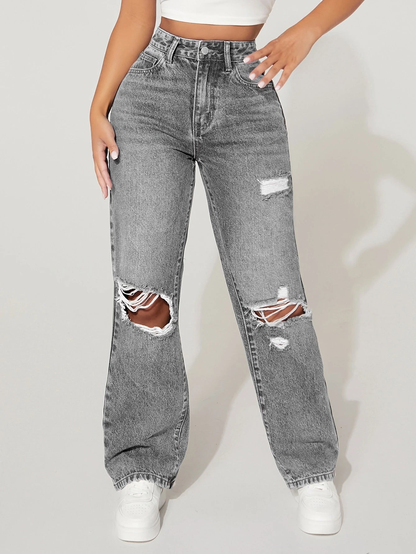 Women’s High Waisted Distressed Straight Leg Jeans – Loose Fit Casual Denim with Pockets