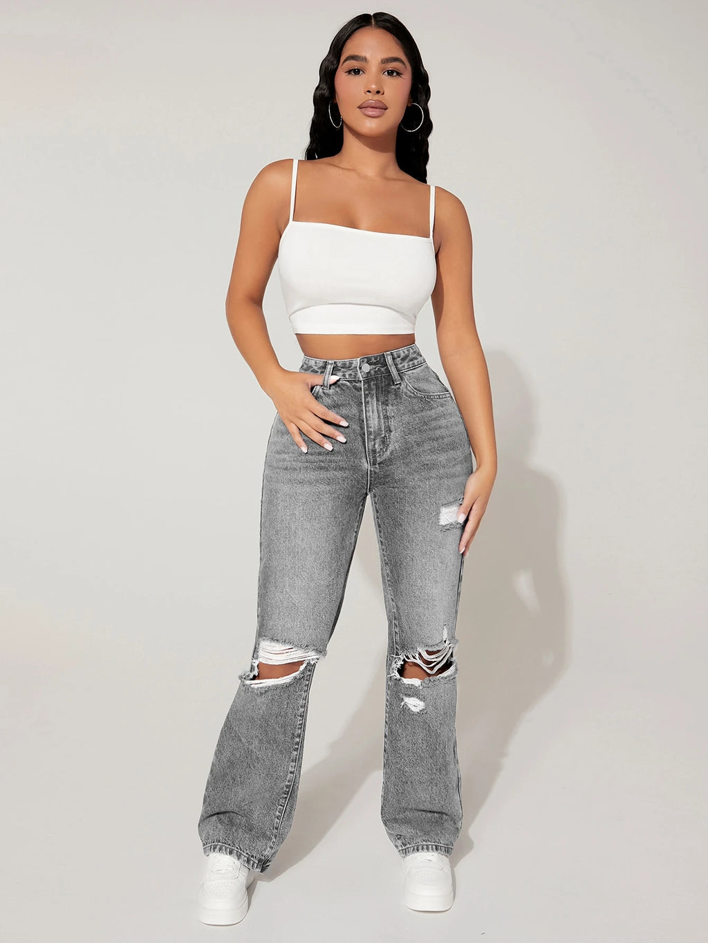 Women’s High Waisted Distressed Straight Leg Jeans – Loose Fit Casual Denim with Pockets