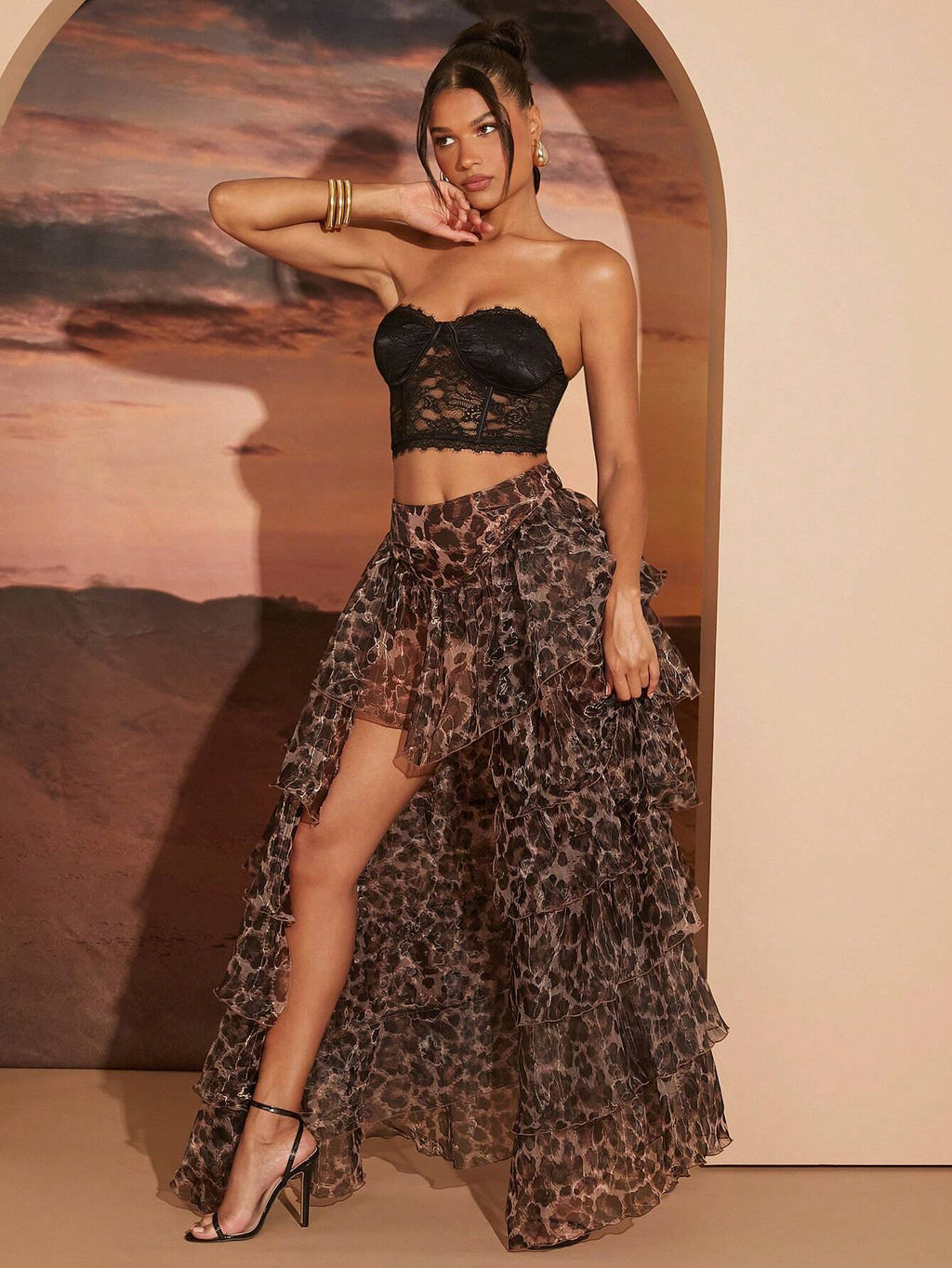 Women’s Leopard Print Pleated Skirt – Ruffle Hem Casual Vacation Midi Skirt