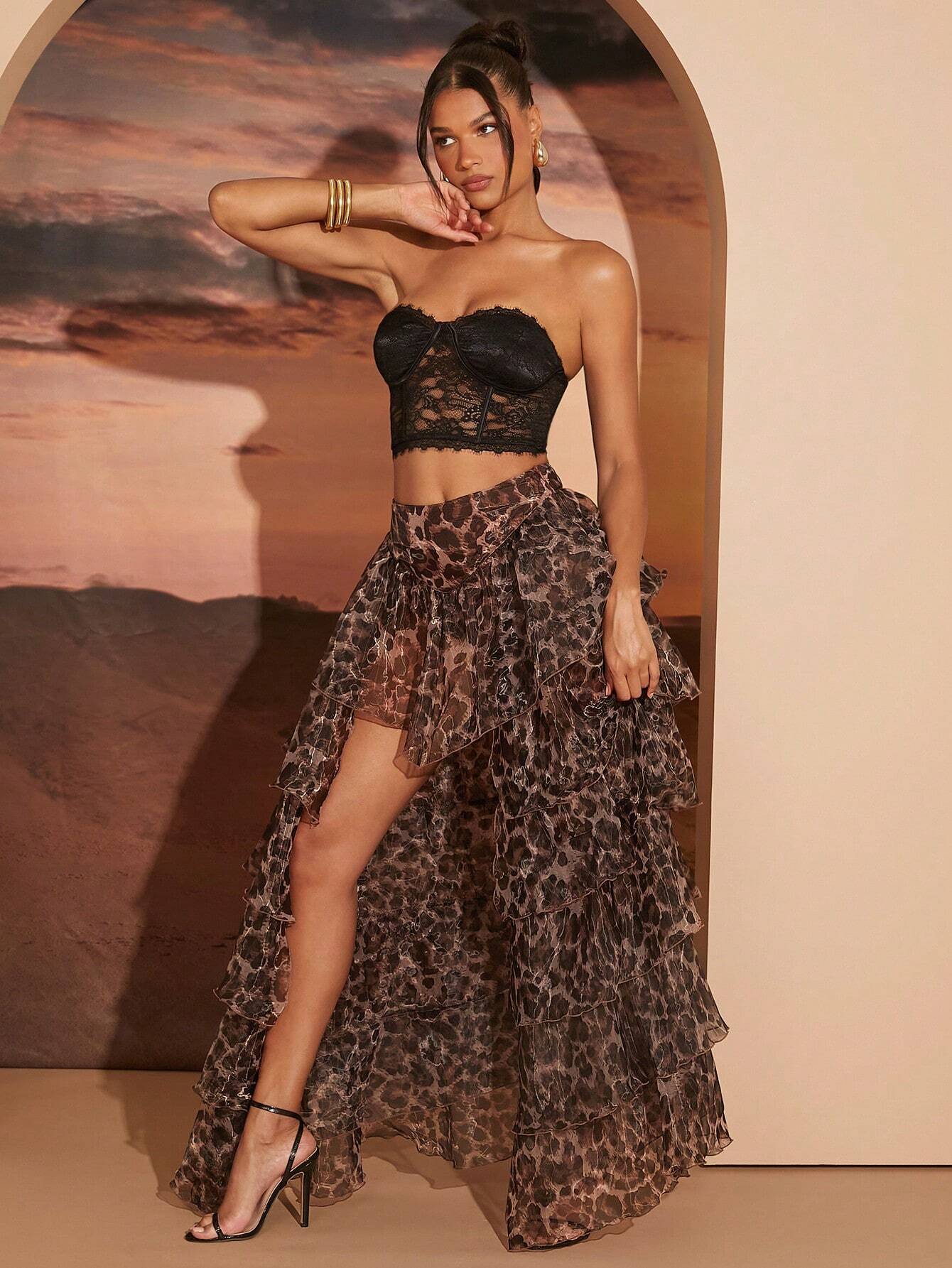 Women’s Leopard Print Pleated Skirt – Ruffle Hem Casual Vacation Midi Skirt