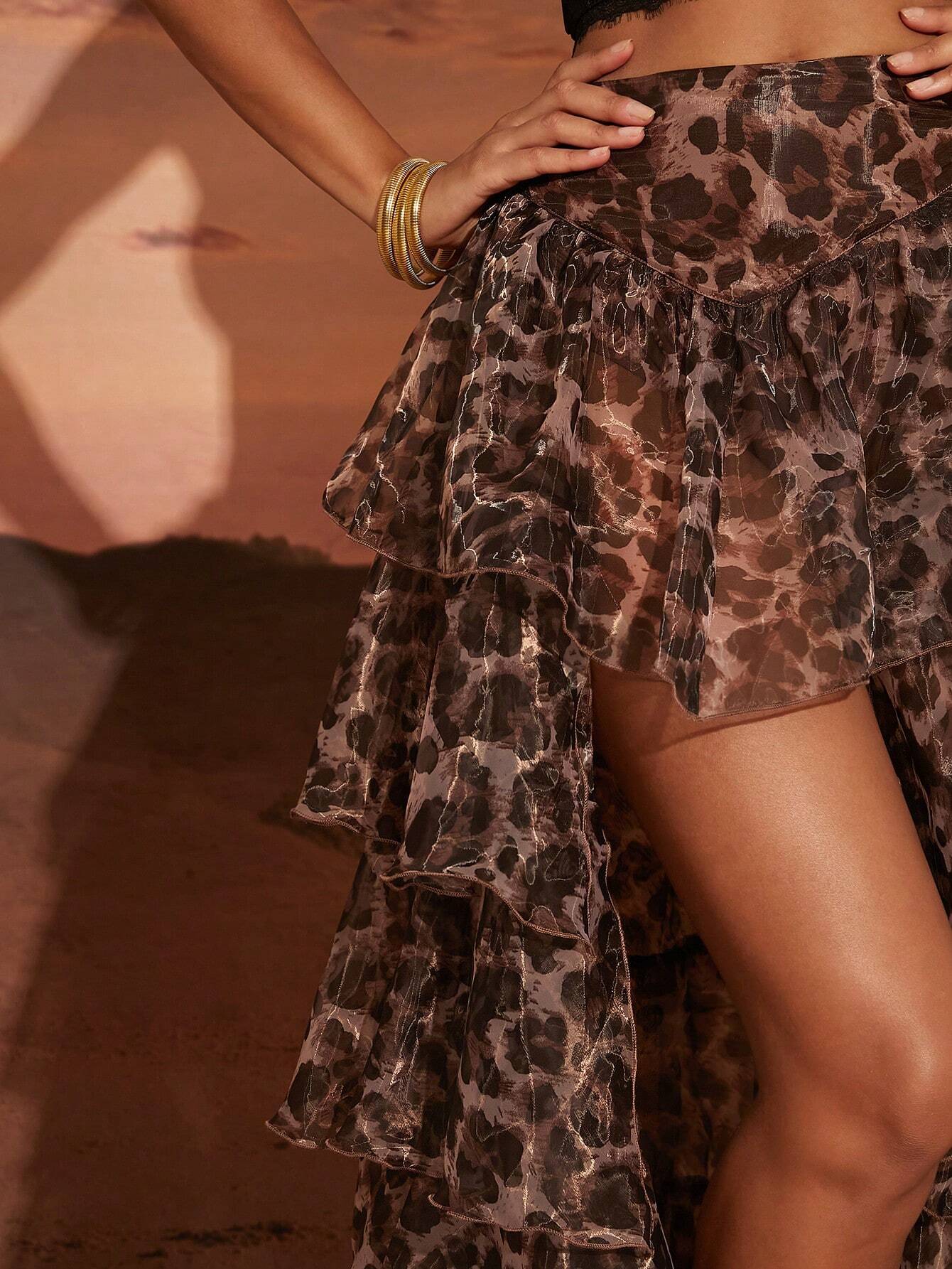 Women’s Leopard Print Pleated Skirt – Ruffle Hem Casual Vacation Midi Skirt