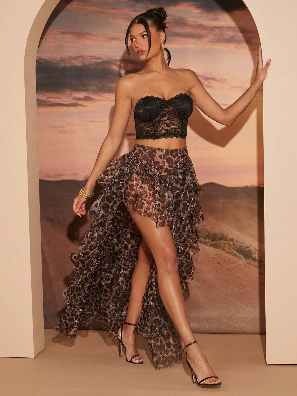 Women’s Leopard Print Pleated Skirt – Ruffle Hem Casual Vacation Midi Skirt
