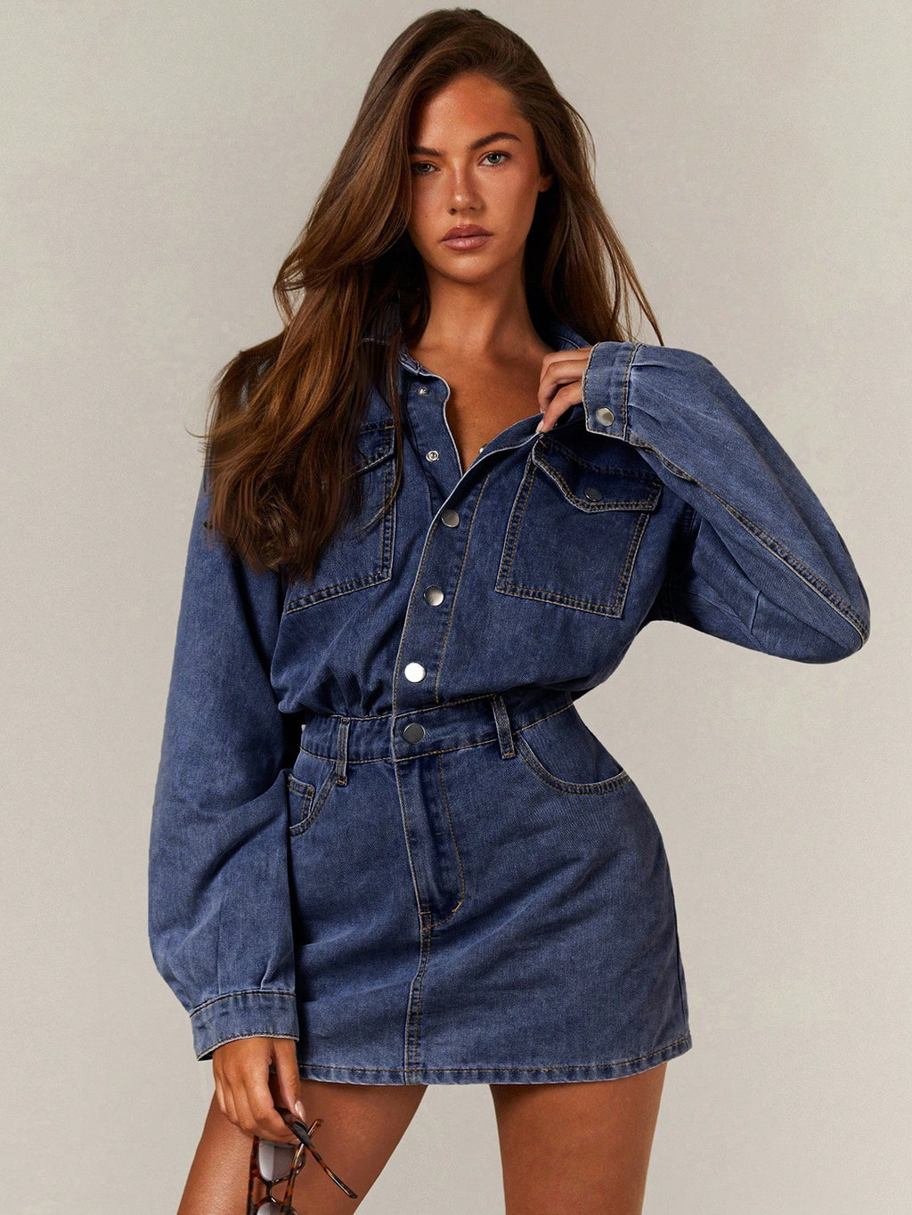 Women’s Long Sleeve Denim Shirt Dress – Utility Pocket Single-Breasted Casual Jean Dress