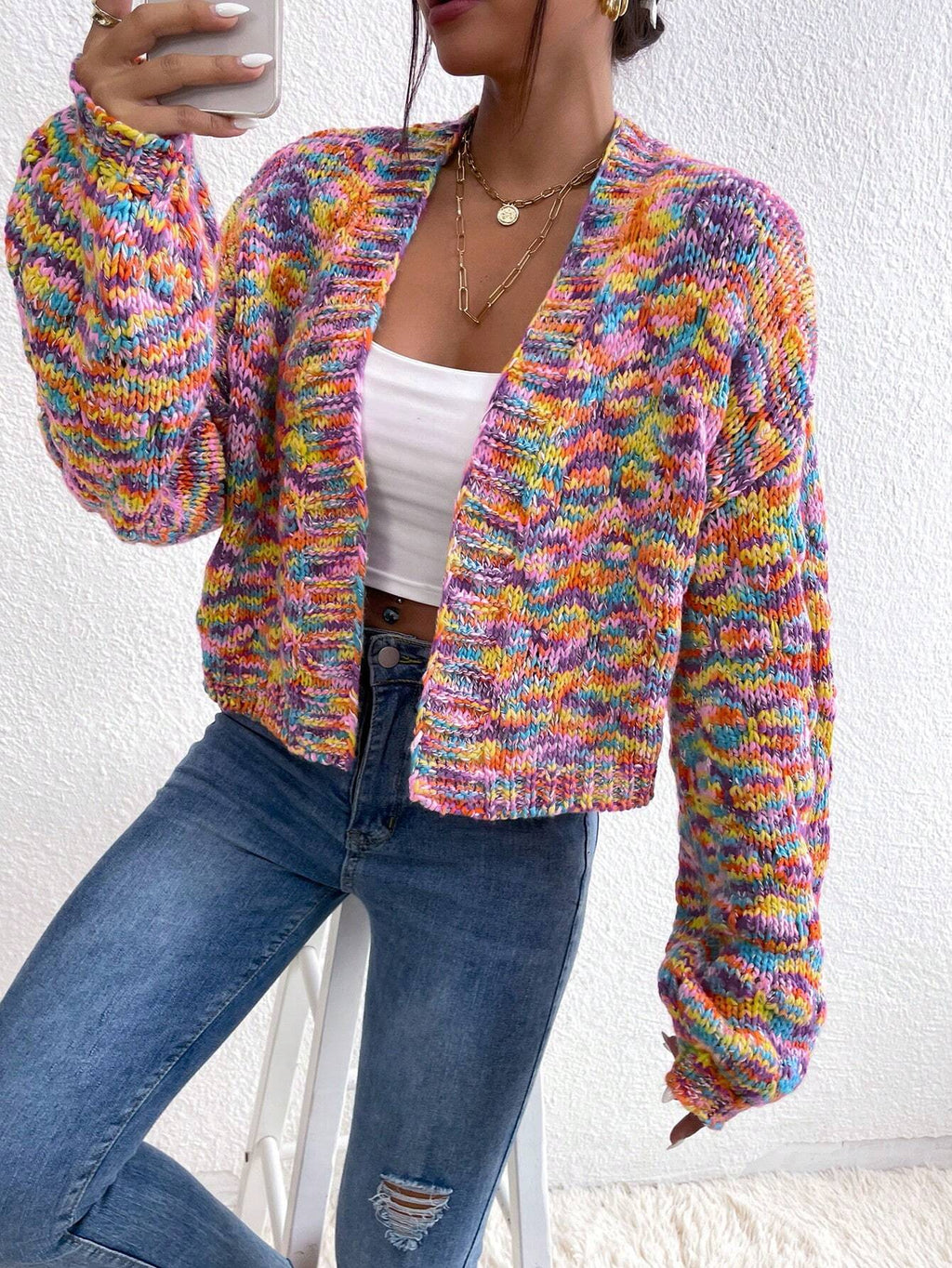 Women’s Allover Print Cardigan – Loose Fit Dropped Shoulder Long Sleeve Casual Vacation & Party Knitwear
