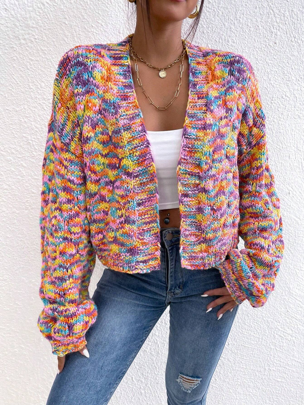 Women’s Allover Print Cardigan – Loose Fit Dropped Shoulder Long Sleeve Casual Vacation & Party Knitwear