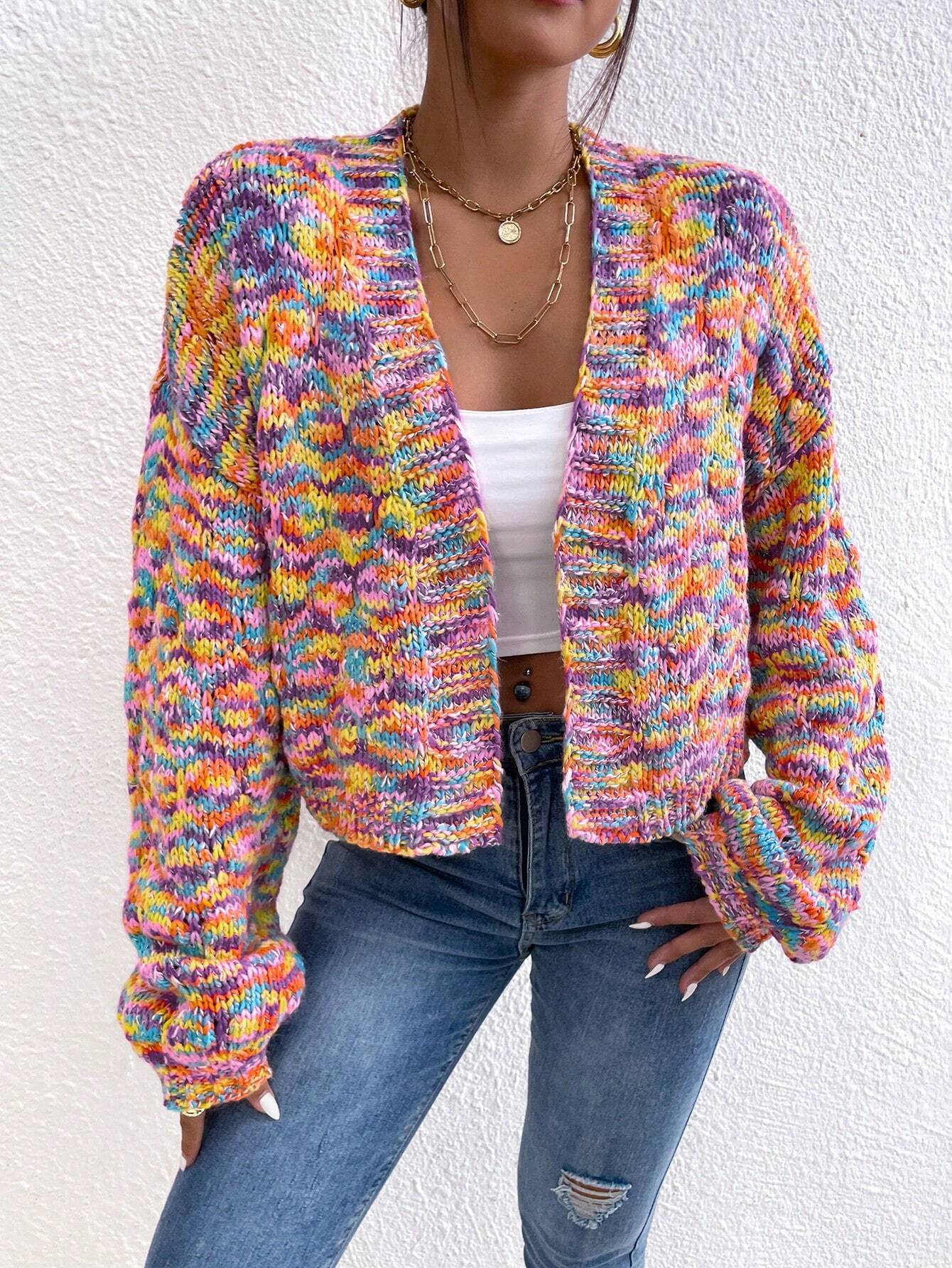 Women’s Allover Print Cardigan – Loose Fit Dropped Shoulder Long Sleeve Casual Vacation & Party Knitwear