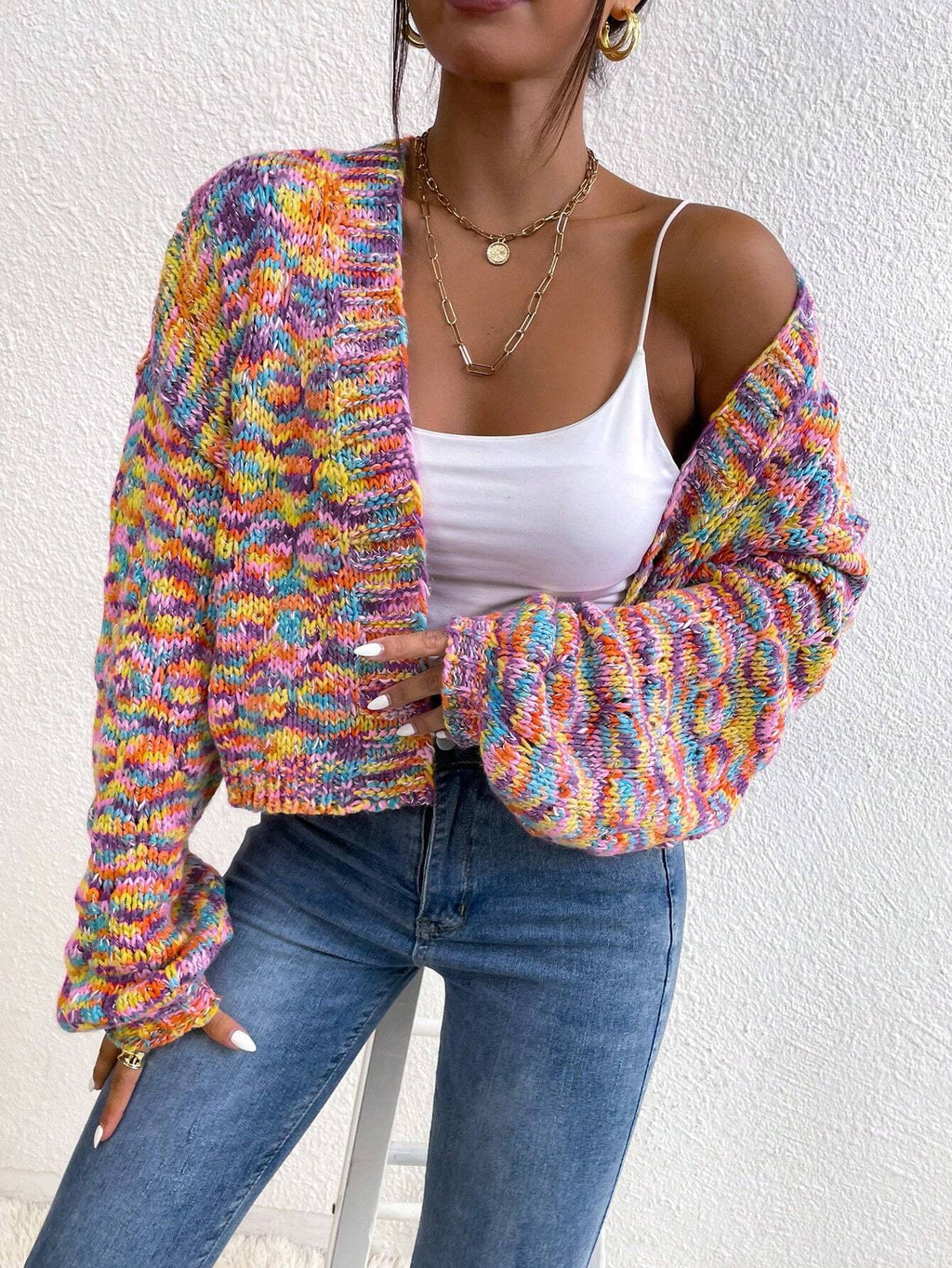 Women’s Allover Print Cardigan – Loose Fit Dropped Shoulder Long Sleeve Casual Vacation & Party Knitwear