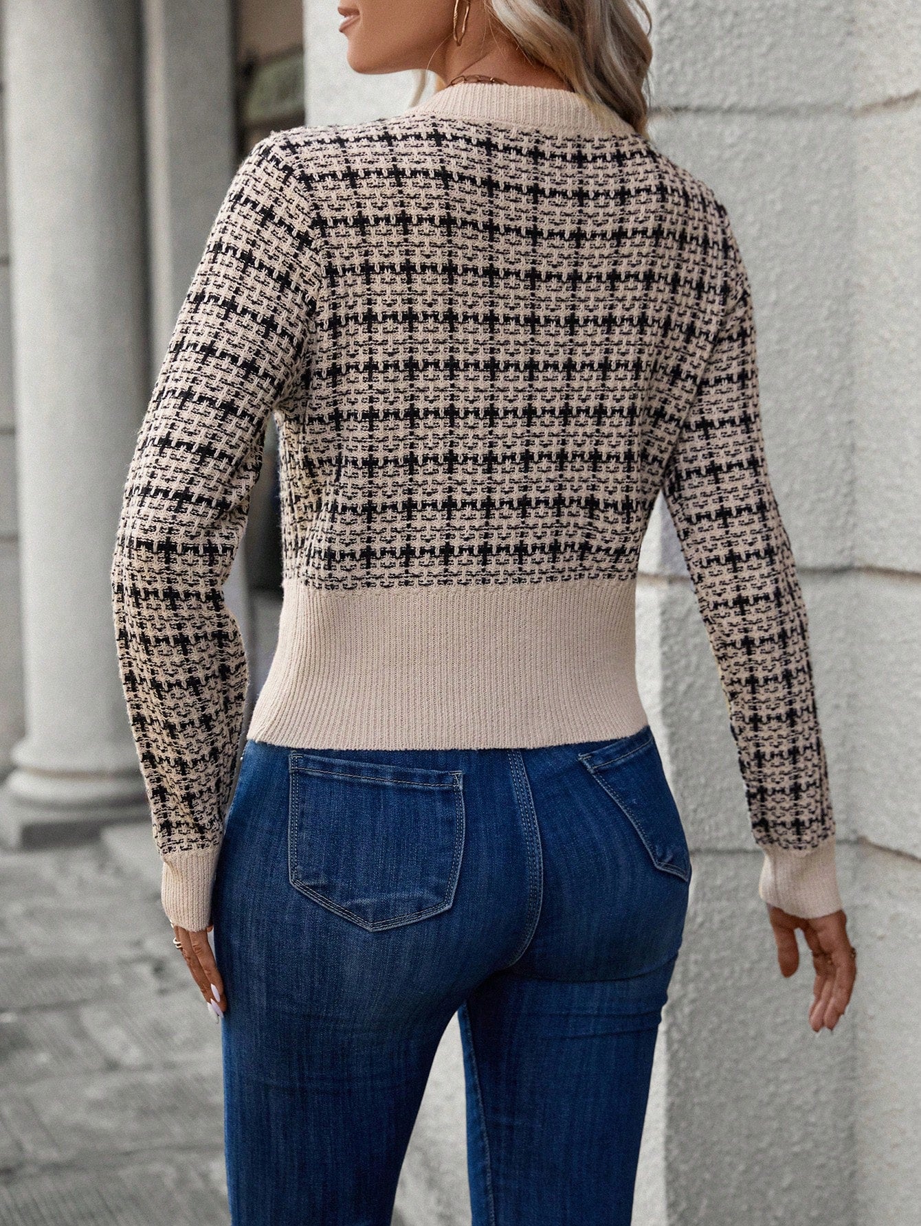 Women’s Plaid Button-Front Cardigan – Fold-Over Detail Long Sleeve Casual Knit Top