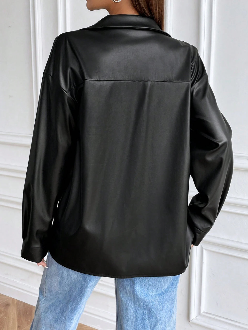 Women’s Black PU Leather Jacket – Long Sleeve Lapel Collar Casual Street Style Faux Leather Coat (Autumn)