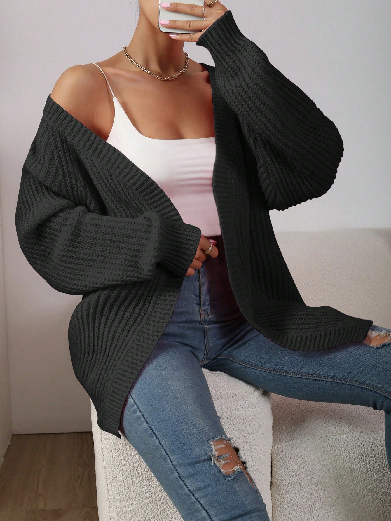Women’s Black Ribbed Knit Cardigan – Raglan Sleeve Long Sleeve Casual Sweater (Spring/Autumn)