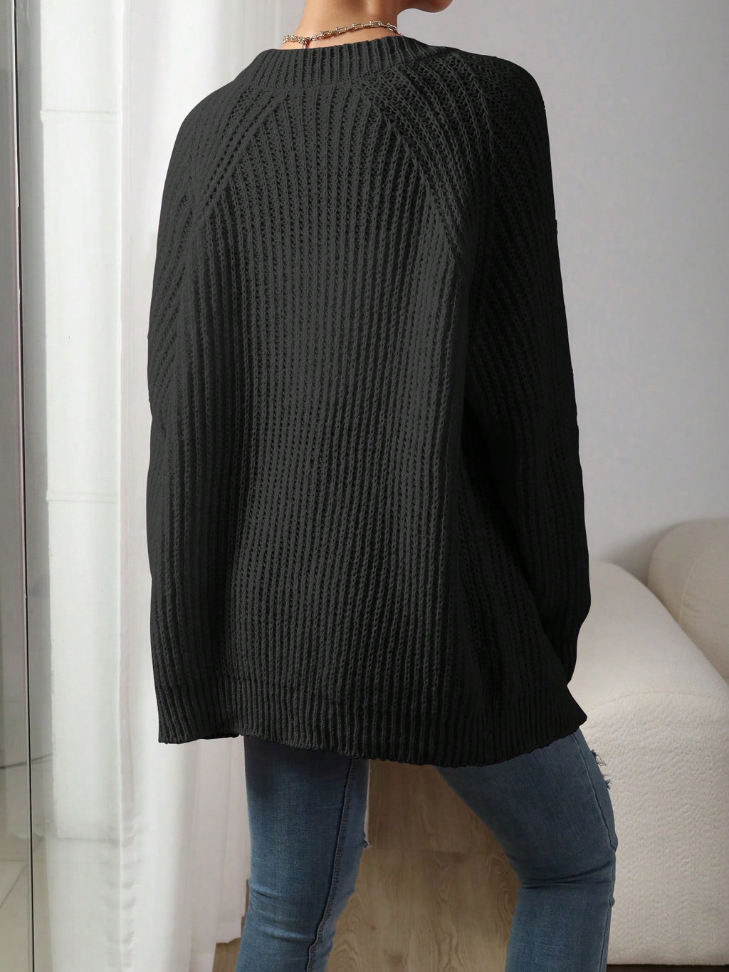 Women’s Black Ribbed Knit Cardigan – Raglan Sleeve Long Sleeve Casual Sweater (Spring/Autumn)