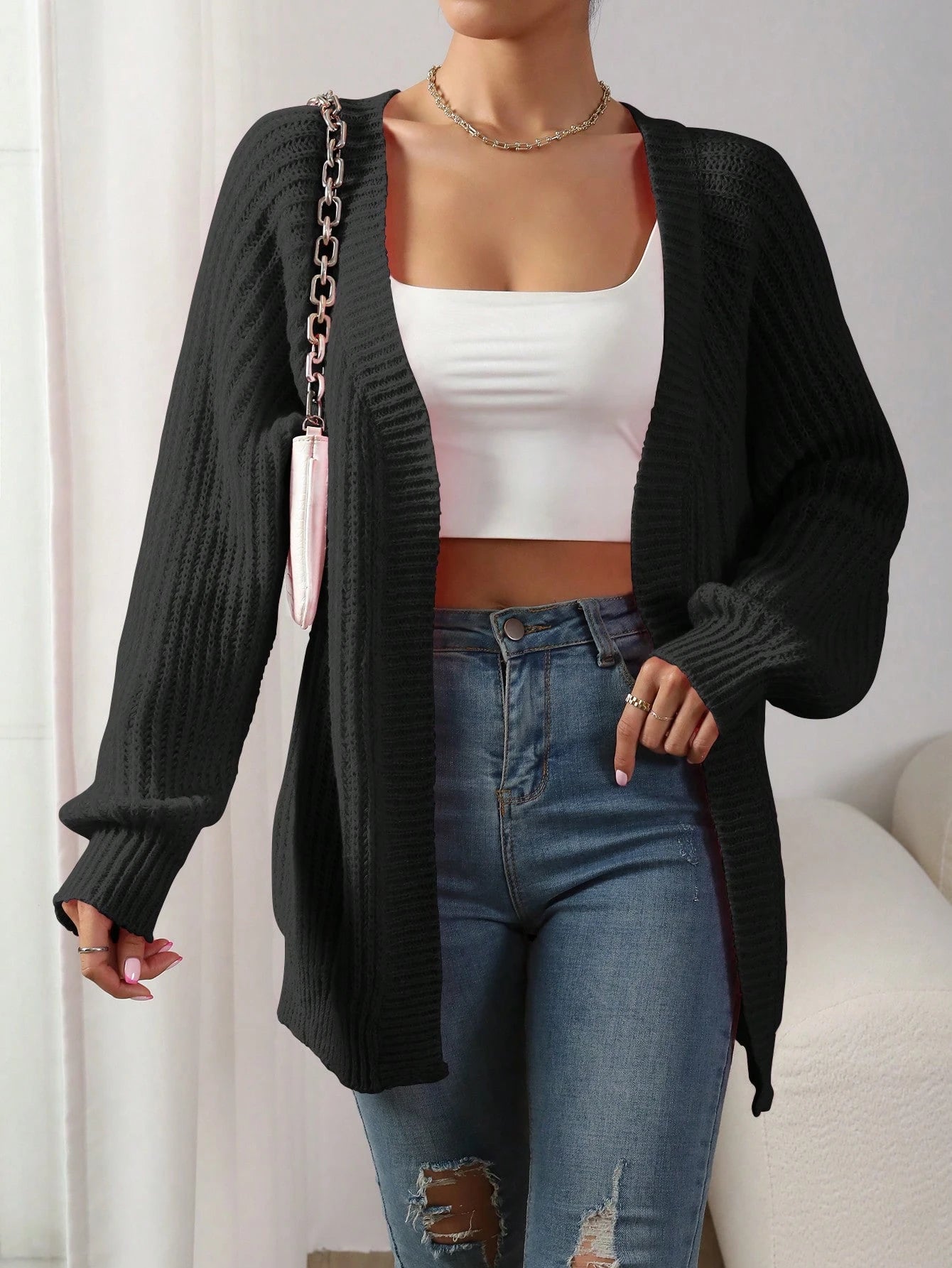 Women’s Black Ribbed Knit Cardigan – Raglan Sleeve Long Sleeve Casual Sweater (Spring/Autumn)