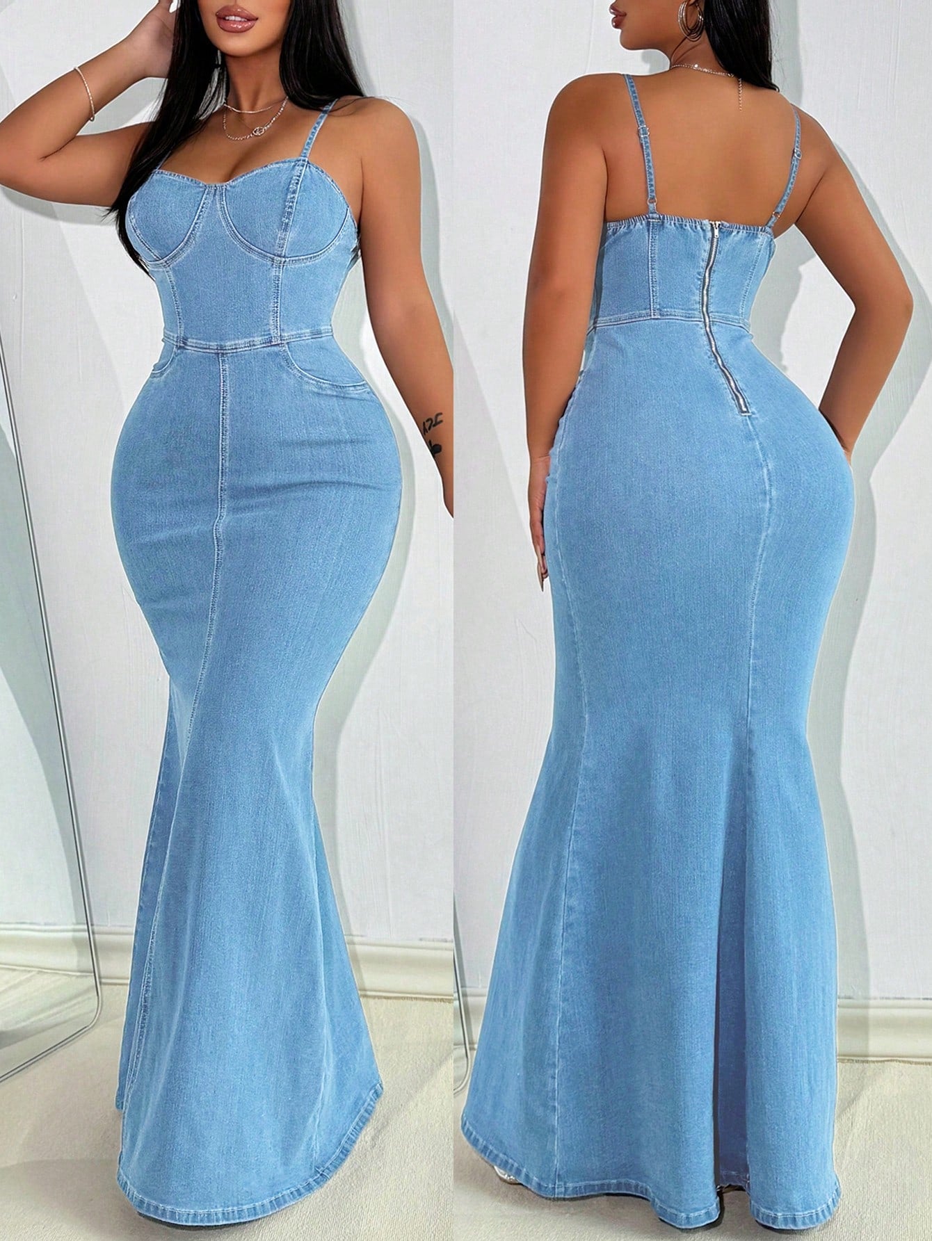 Women’s Blue Denim Bodycon Slip Dress – Sexy Fitted Casual Sleeveless Mini Dress