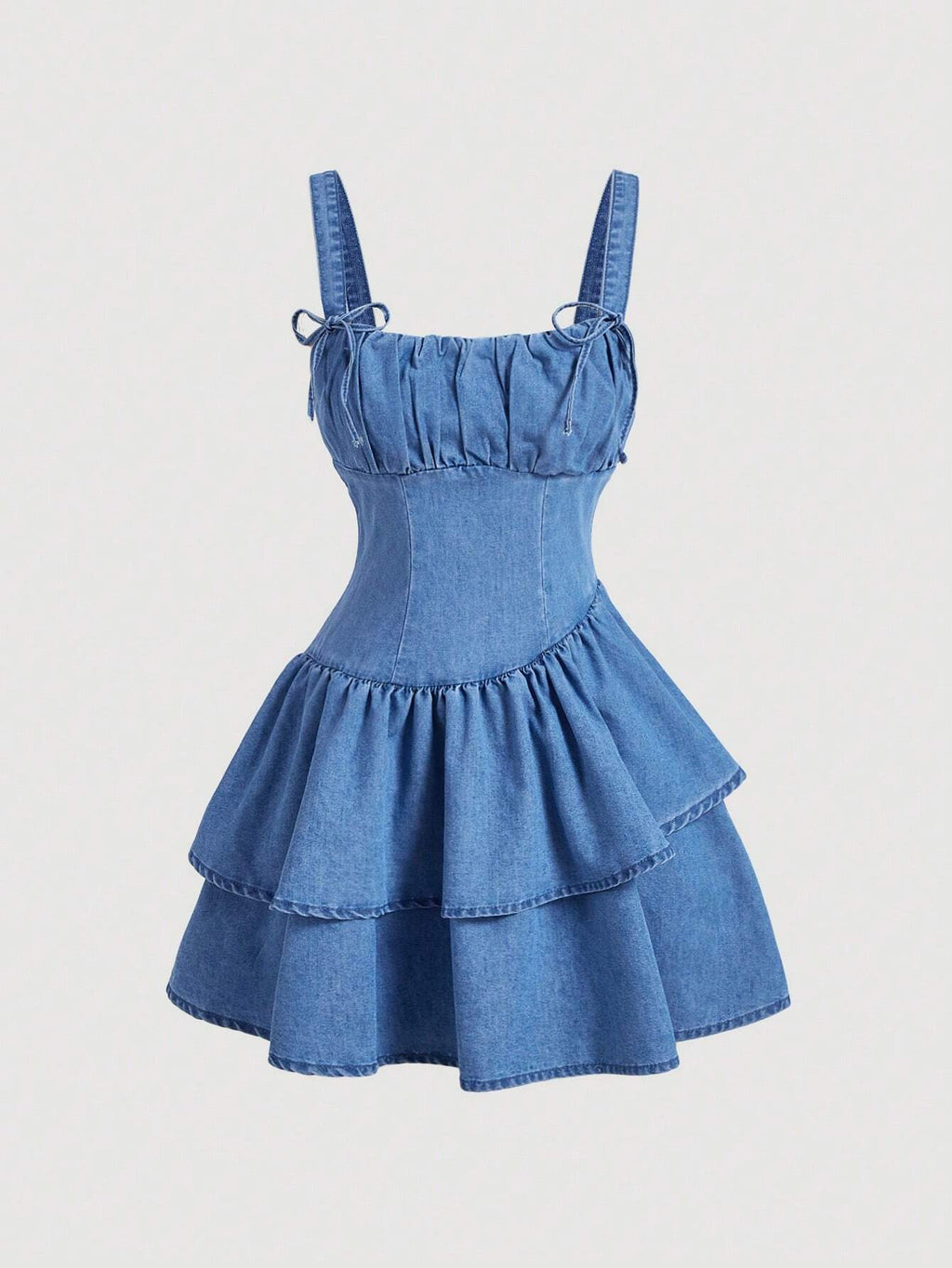 Women’s Bow Strap Denim Cami Dress – Solid Color Irregular Double Layered Casual Mini Dress