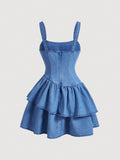 Women’s Bow Strap Denim Cami Dress – Solid Color Irregular Double Layered Casual Mini Dress