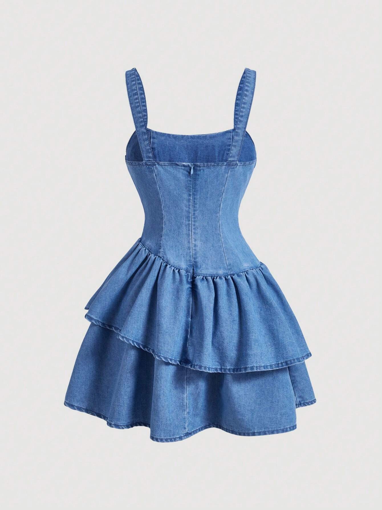 Women’s Bow Strap Denim Cami Dress – Solid Color Irregular Double Layered Casual Mini Dress