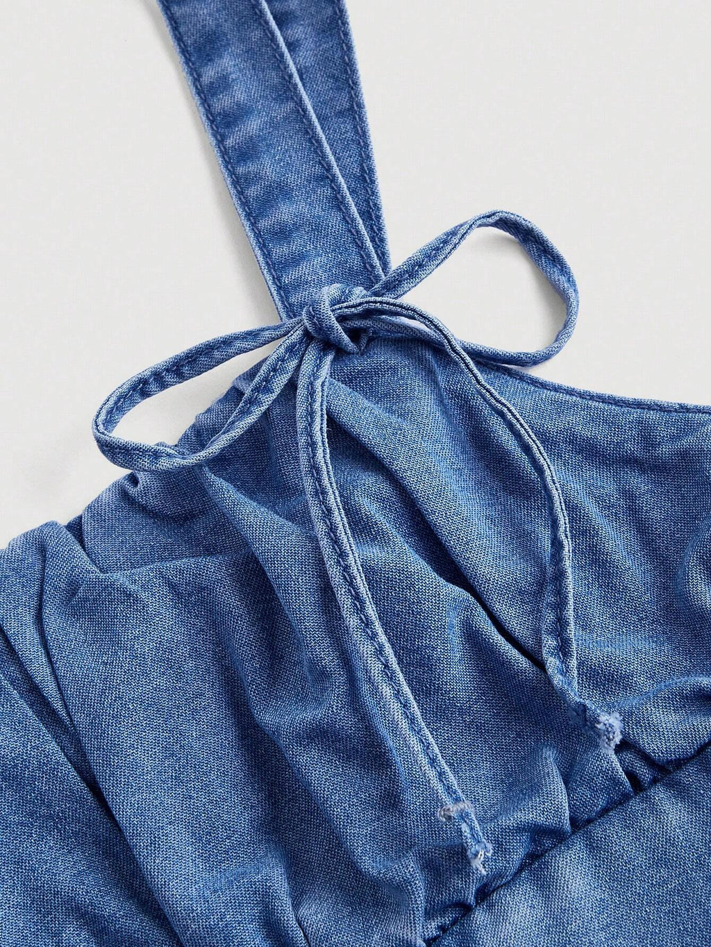 Women’s Bow Strap Denim Cami Dress – Solid Color Irregular Double Layered Casual Mini Dress