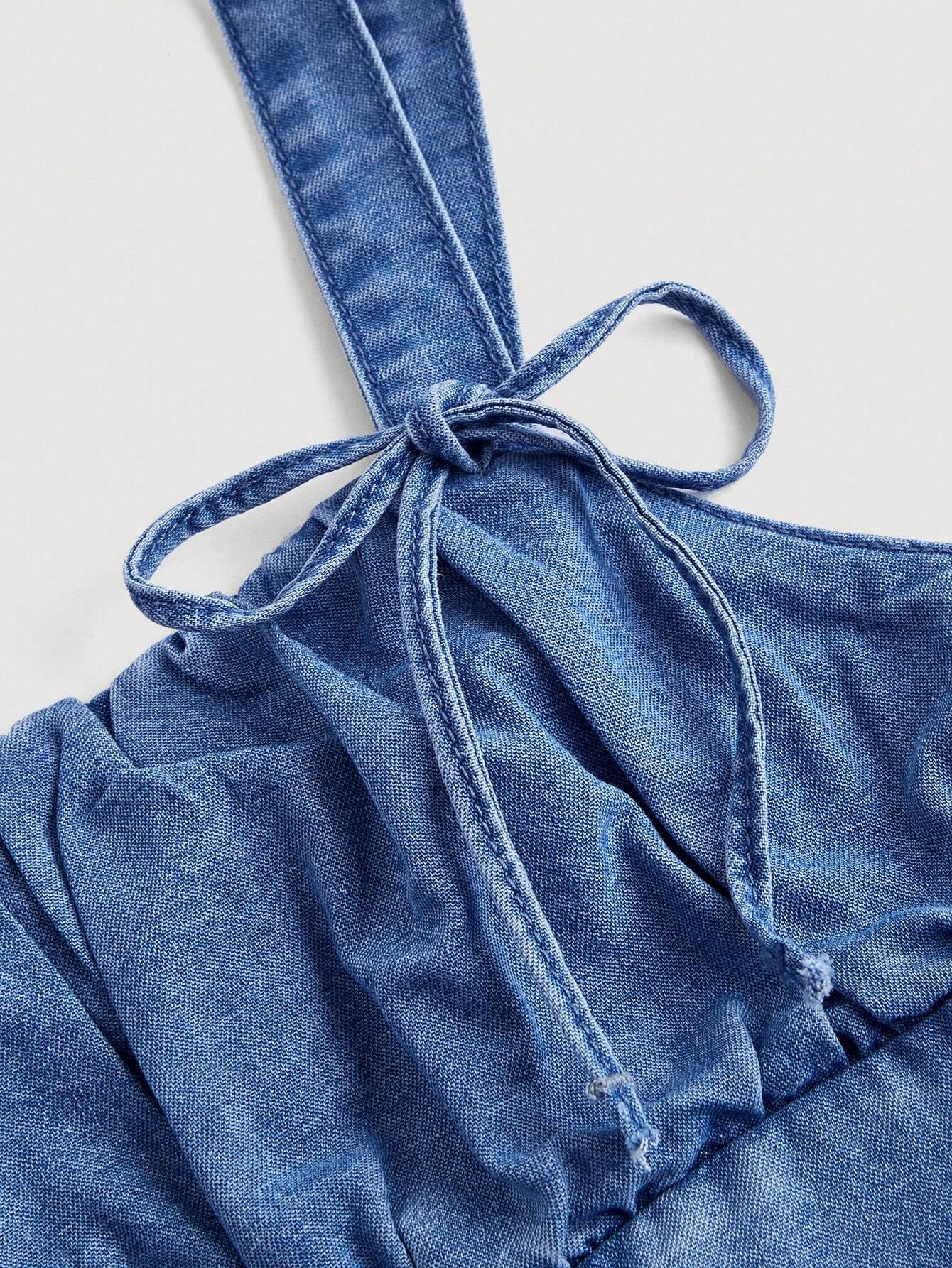 Women’s Bow Strap Denim Cami Dress – Solid Color Irregular Double Layered Casual Mini Dress