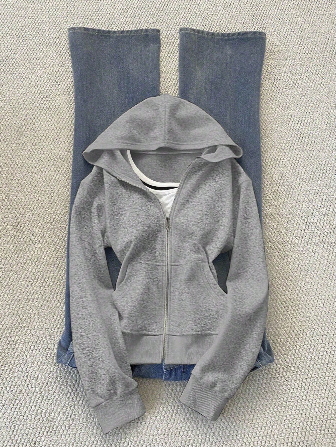 Women’s Solid Color Hooded Zip-Up Jacket – Casual Lightweight Hoodie Jacket for Everyday Wear