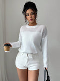 Women’s Hollow Out Knit Sweater – Solid Color Round Neck Drop Shoulder Loose Fit Casual Pullover