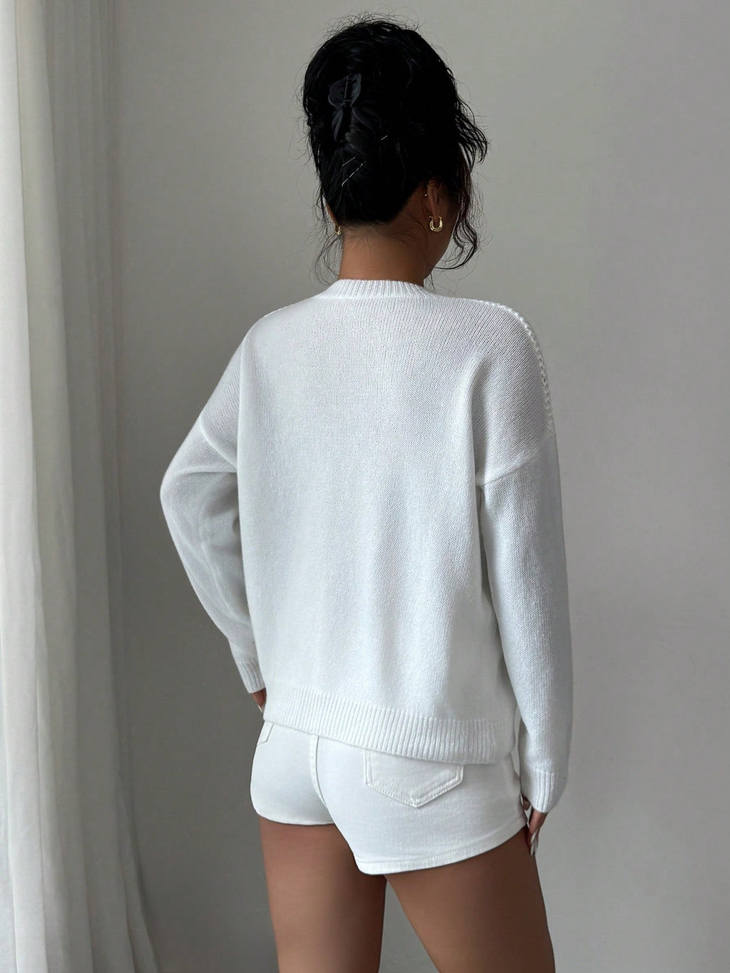 Women’s Solid Color Hollow Out Sweater – Round Neck Drop Shoulder Loose Fit Casual Knit Top