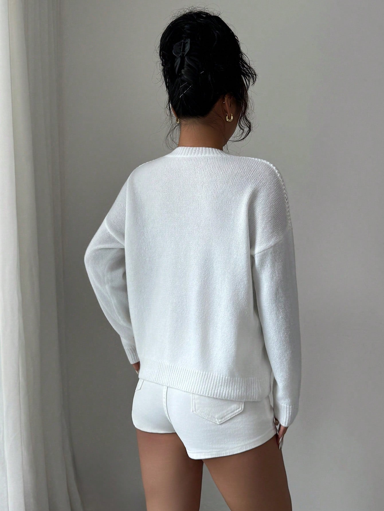 Women’s Hollow Out Knit Sweater – Solid Color Round Neck Drop Shoulder Loose Fit Casual Pullover