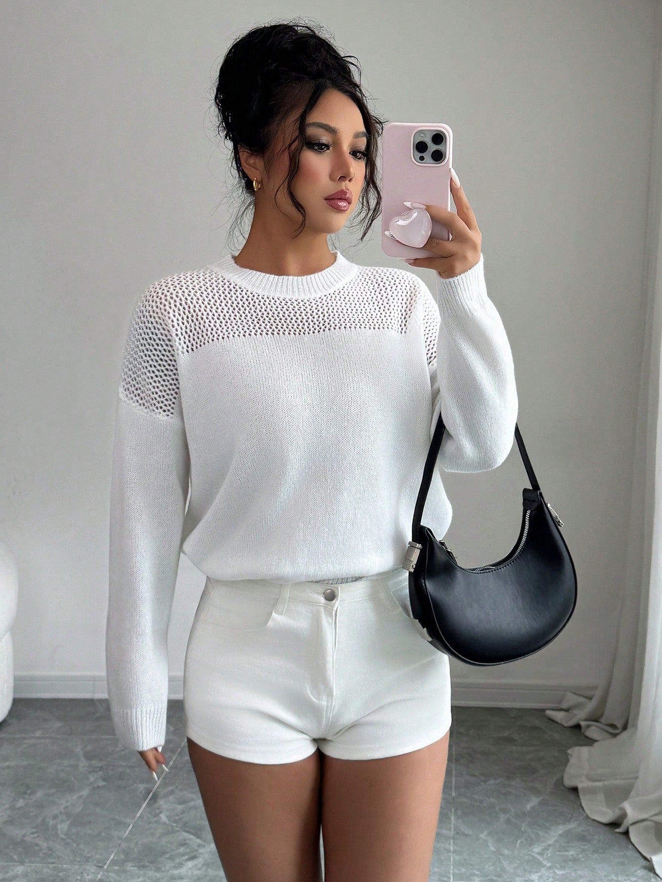 Women’s Solid Color Hollow Out Sweater – Round Neck Drop Shoulder Loose Fit Casual Knit Top