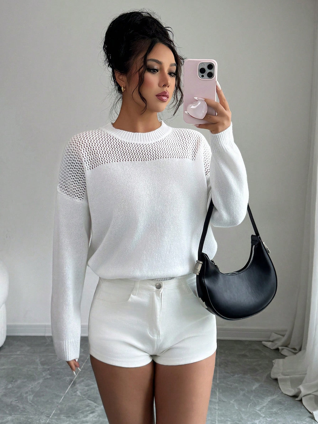 Women’s Hollow Out Knit Sweater – Solid Color Round Neck Drop Shoulder Loose Fit Casual Pullover