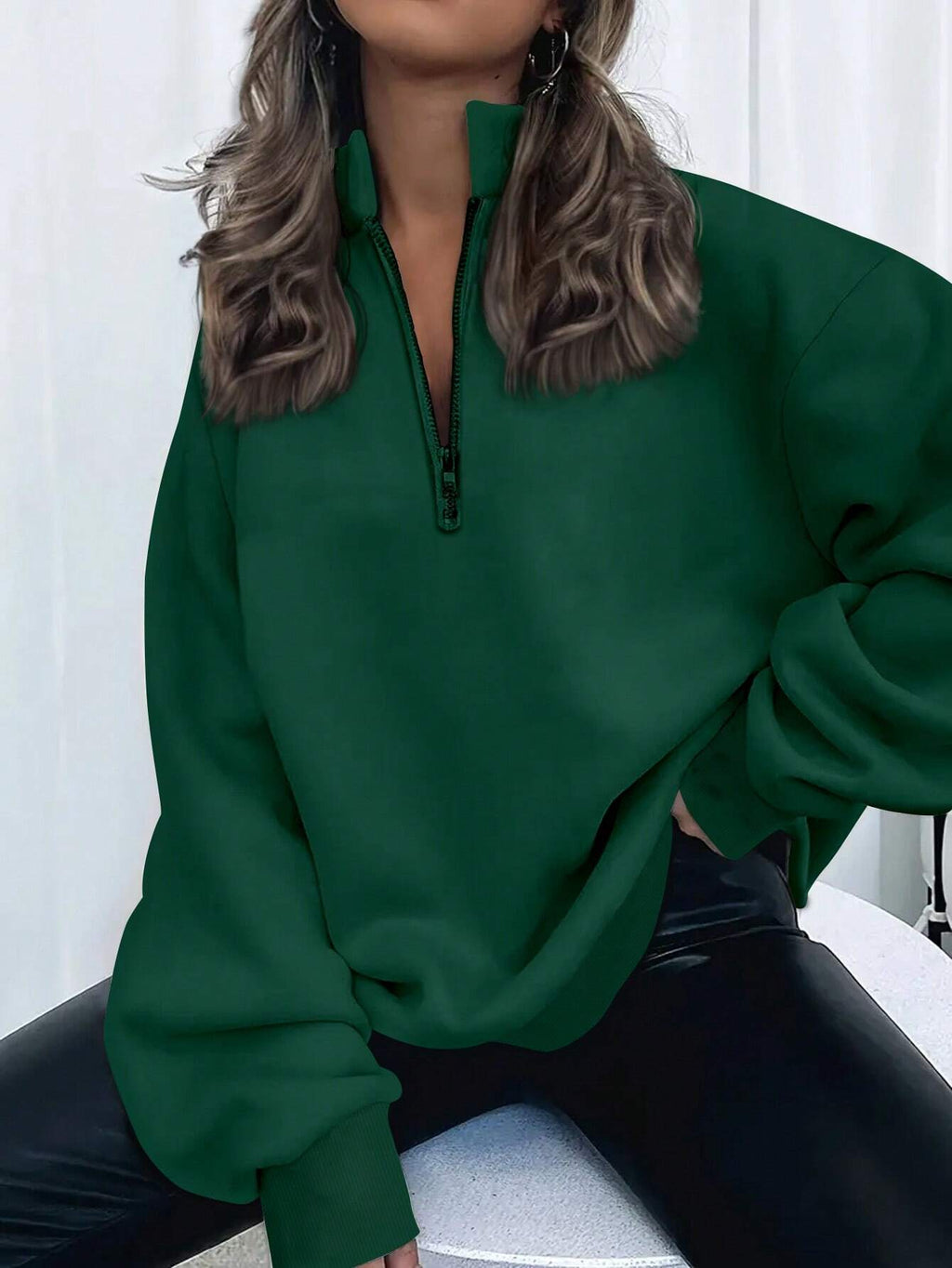 Women’s Solid Color Half-Zip Sweatshirt – Long Sleeve Loose Fit Casual Pullover for Autumn & Winter