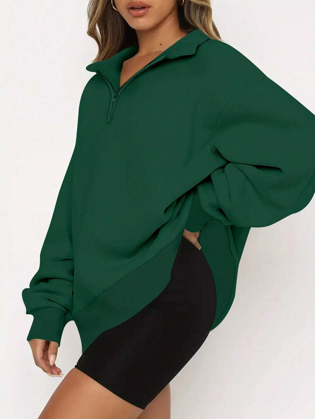 Women’s Solid Color Half-Zip Sweatshirt – Long Sleeve Loose Fit Casual Pullover for Autumn & Winter