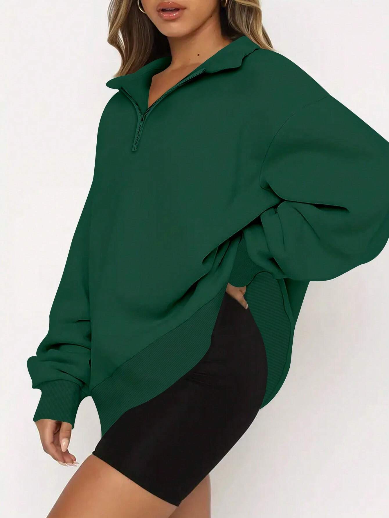 Women’s Solid Color Half-Zip Sweatshirt – Long Sleeve Loose Fit Casual Pullover for Autumn & Winter