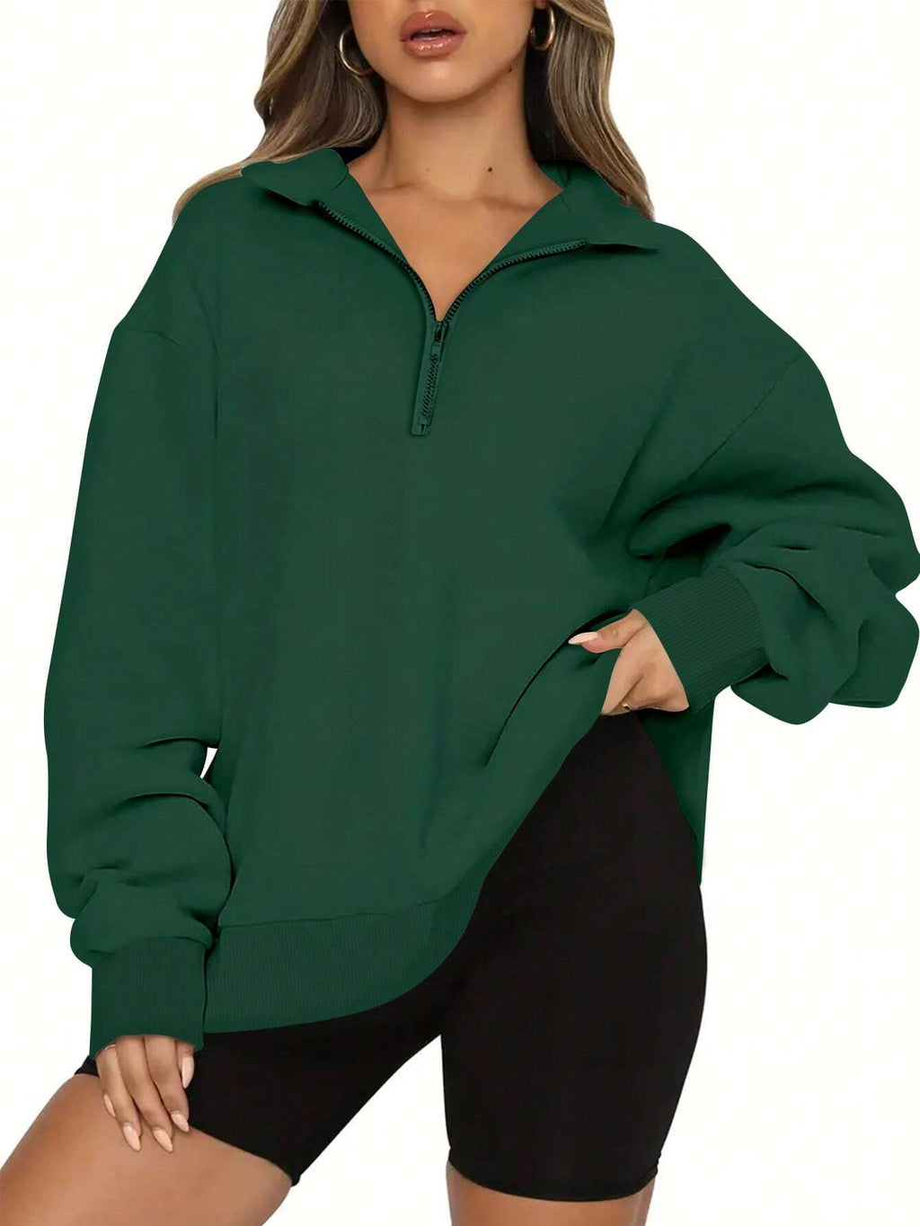Women’s Solid Color Half-Zip Sweatshirt – Long Sleeve Loose Fit Casual Pullover for Autumn & Winter