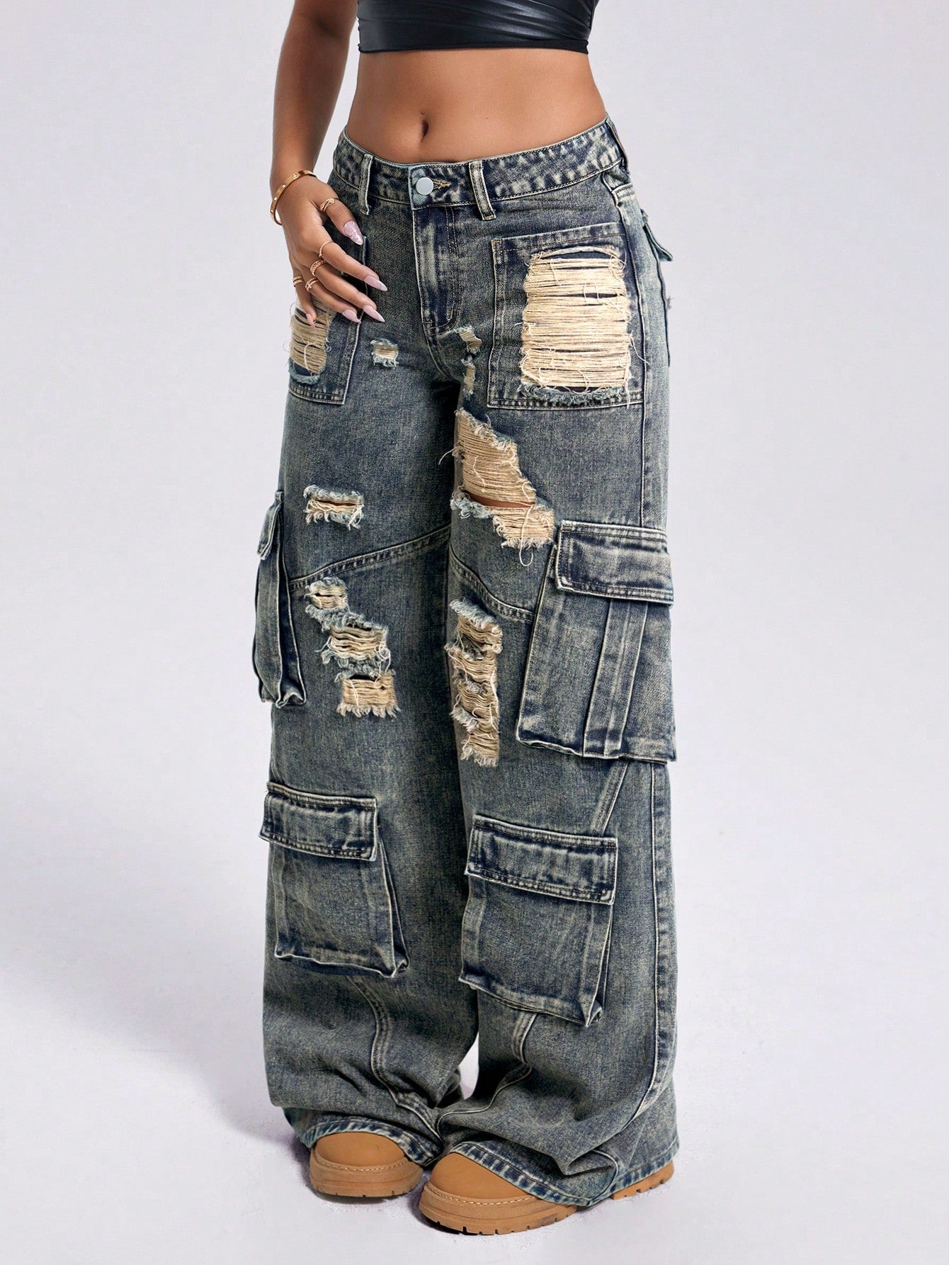 Women’s Acid-Wash Low Rise Baggy Jeans – Vintage Wide Leg Utility Grunge Denim Pants