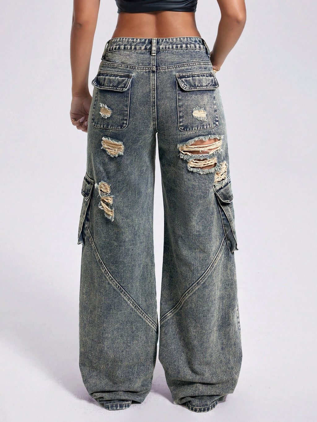 Women’s Acid-Wash Low Rise Baggy Jeans – Vintage Wide Leg Utility Grunge Denim Pants