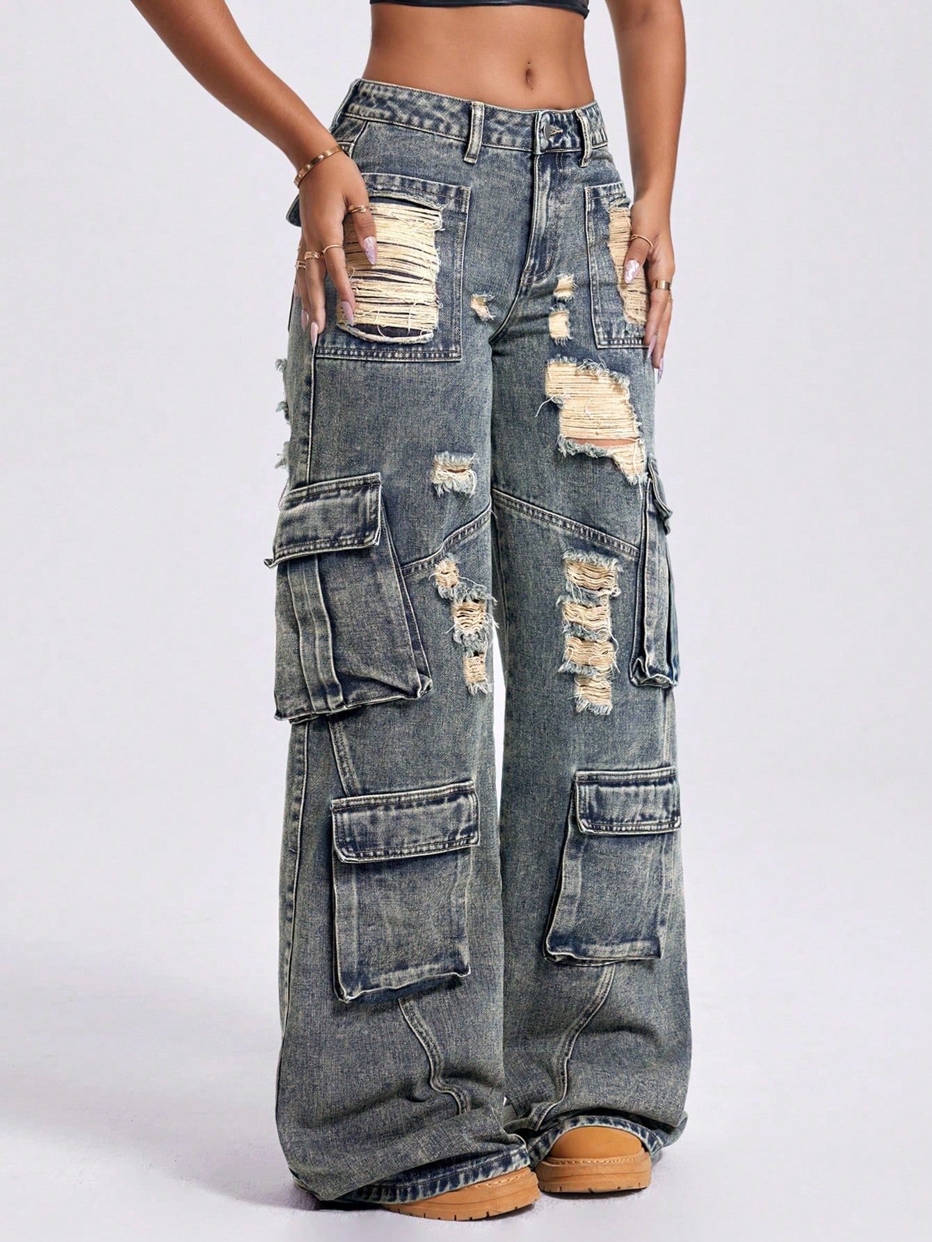 Women’s Acid-Wash Low Rise Baggy Jeans – Vintage Wide Leg Utility Grunge Denim Pants