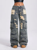 Women’s Acid-Wash Low Rise Baggy Jeans – Vintage Wide Leg Utility Grunge Denim Pants